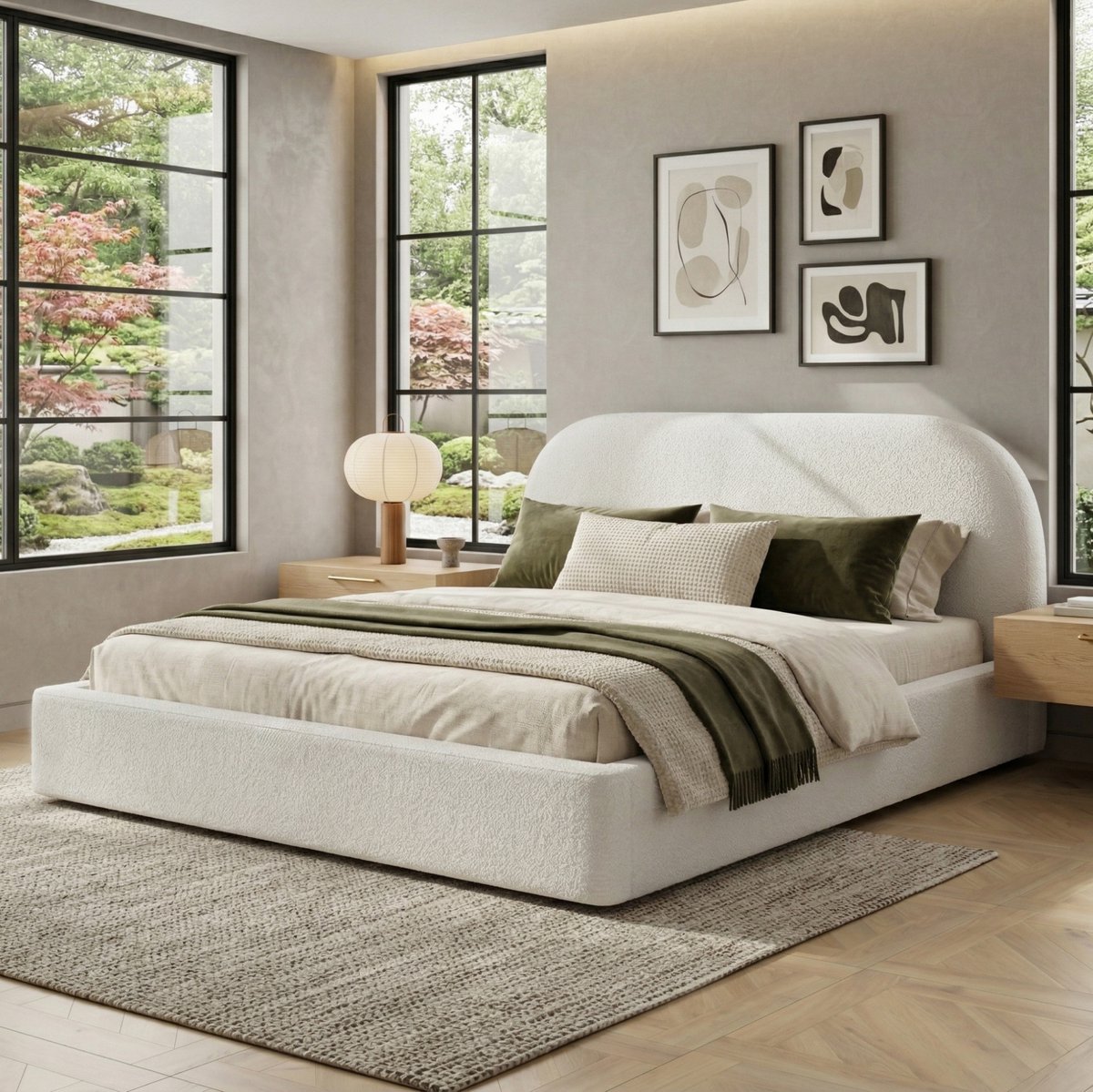 MIVRAY Bed 180x200 cm Zonder Matras - Tweepersoonsbed Met Lattenbodem En Dik Gestoffeerd Hoofdbord - Bouclé Stof - Beige