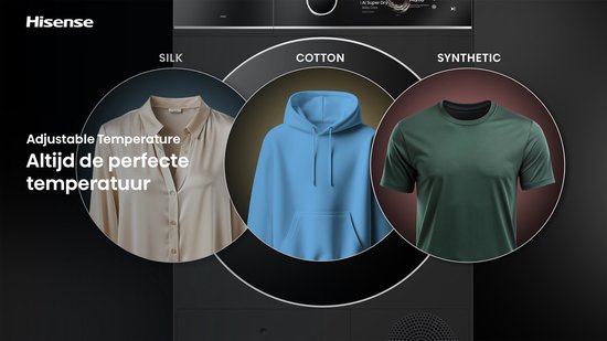 Hisense Adjustable Temperature: altijd de perfecte temperatuur. Kledingstukken: zijden blouse, blauwe hoodie, groene T-shirt.