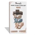 Verpakking van vier Boncy haarklemmen in nude kleuren, met iconen voor 'Strong Hold' en 'Matte Finish'.