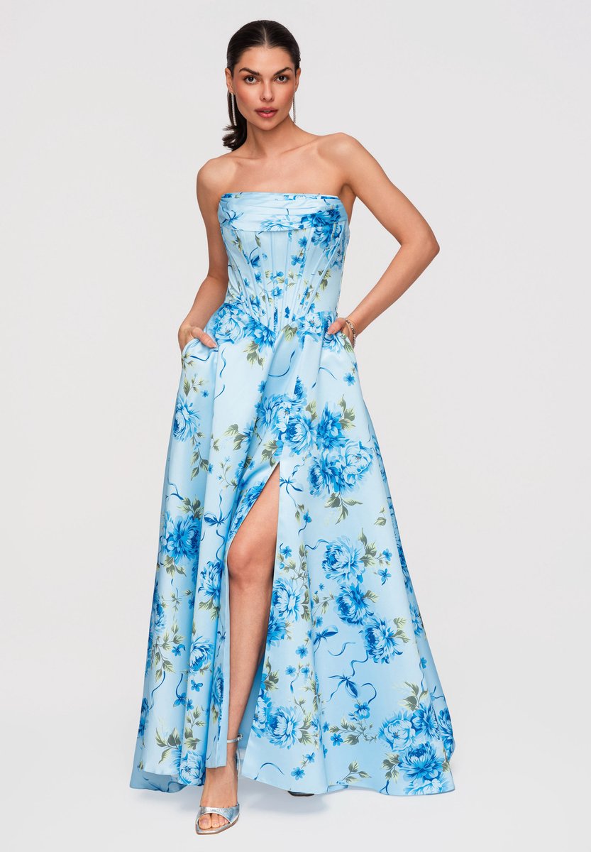 LARICA Jurk - Strapless - Rits - Gebloemd Blauw L