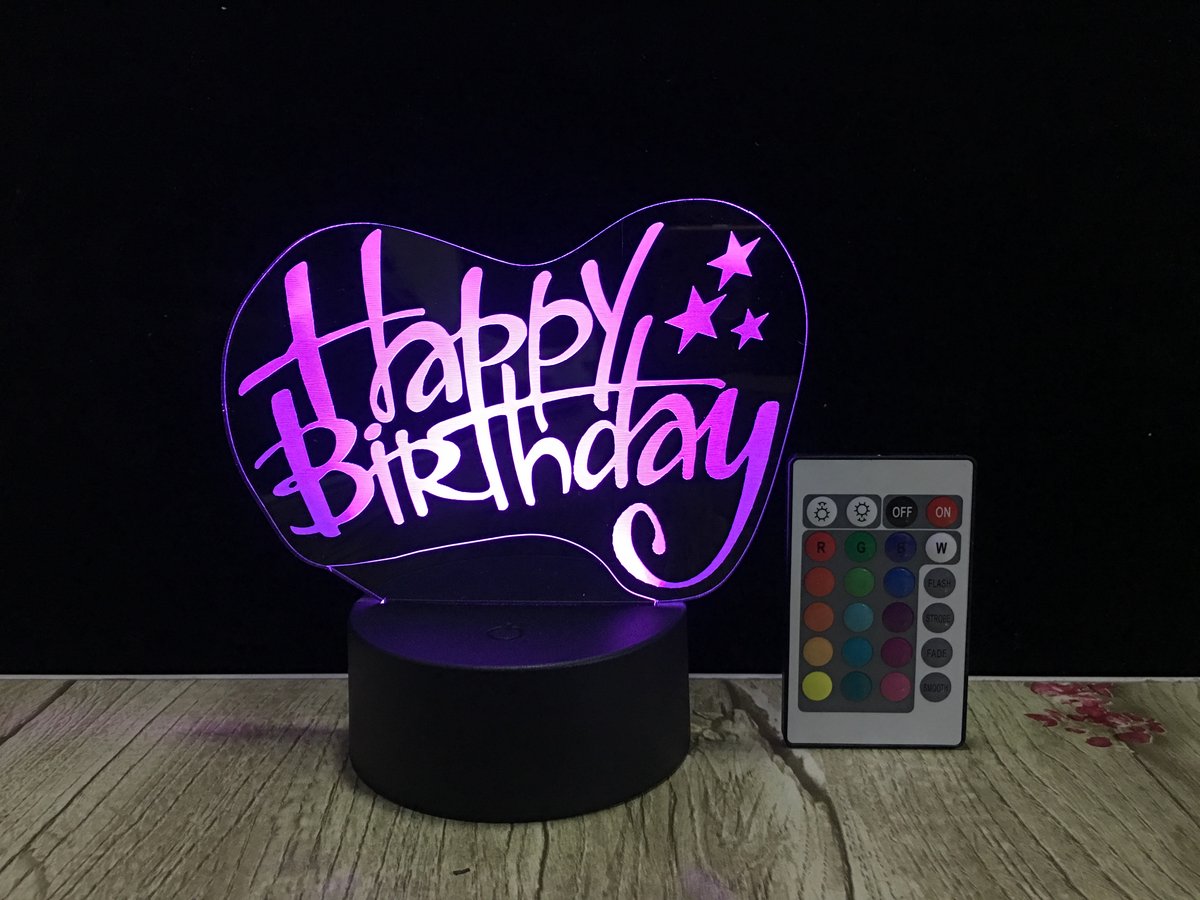 3D Happy Birthday Nachtlampje – LED Lamp – 16 Kleuren – Met Afstandsbediening – Verjaardag Decoratie – Sfeerlamp – Cadeau