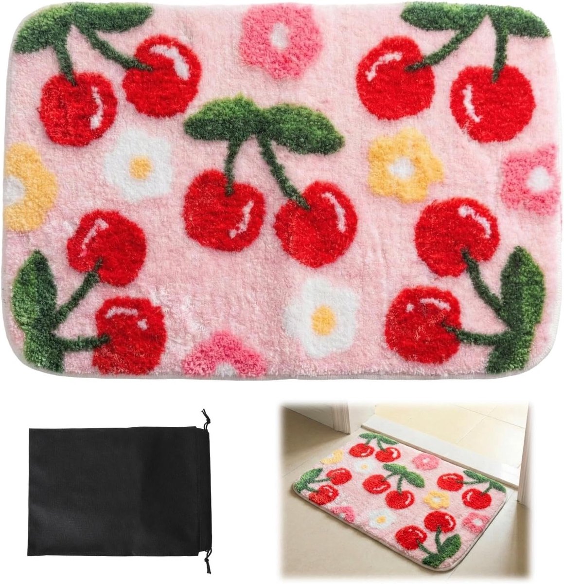 Badmat met Kersenpatroon 40x60cm, Antislip, Absorberend en Wasbaar, Ideaal voor Badkamer en Douche, Inclusief Zwarte Opbergzak