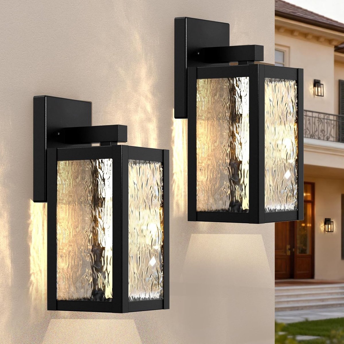 Set van 2 buitenwandlampen E27 IP44 antraciet met waterstructuur glas
