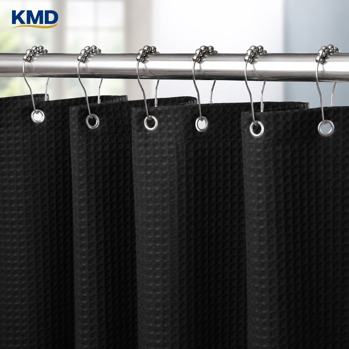 KMD Douchegordijn Wafelstof Waterdicht 152x182 cm - Anti-schimmel Badgordijn Zwaar Textiel met Metalen Ringen - Zwart