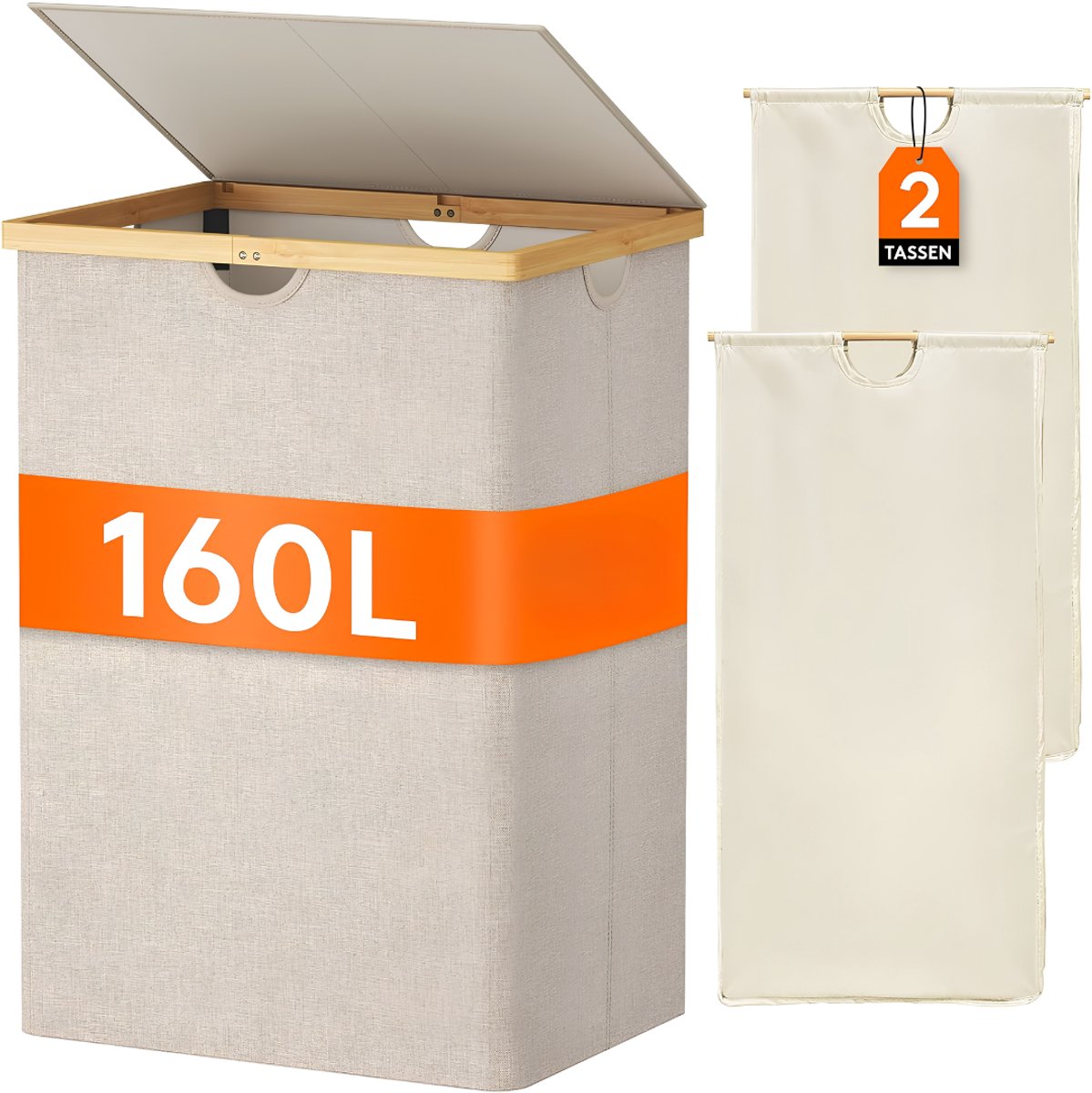 JCP® Wasmand - 160L - Wasmand 2 Vakken - Wasmand met Deksel - Beige - 54cm x 40cm x 75cm
