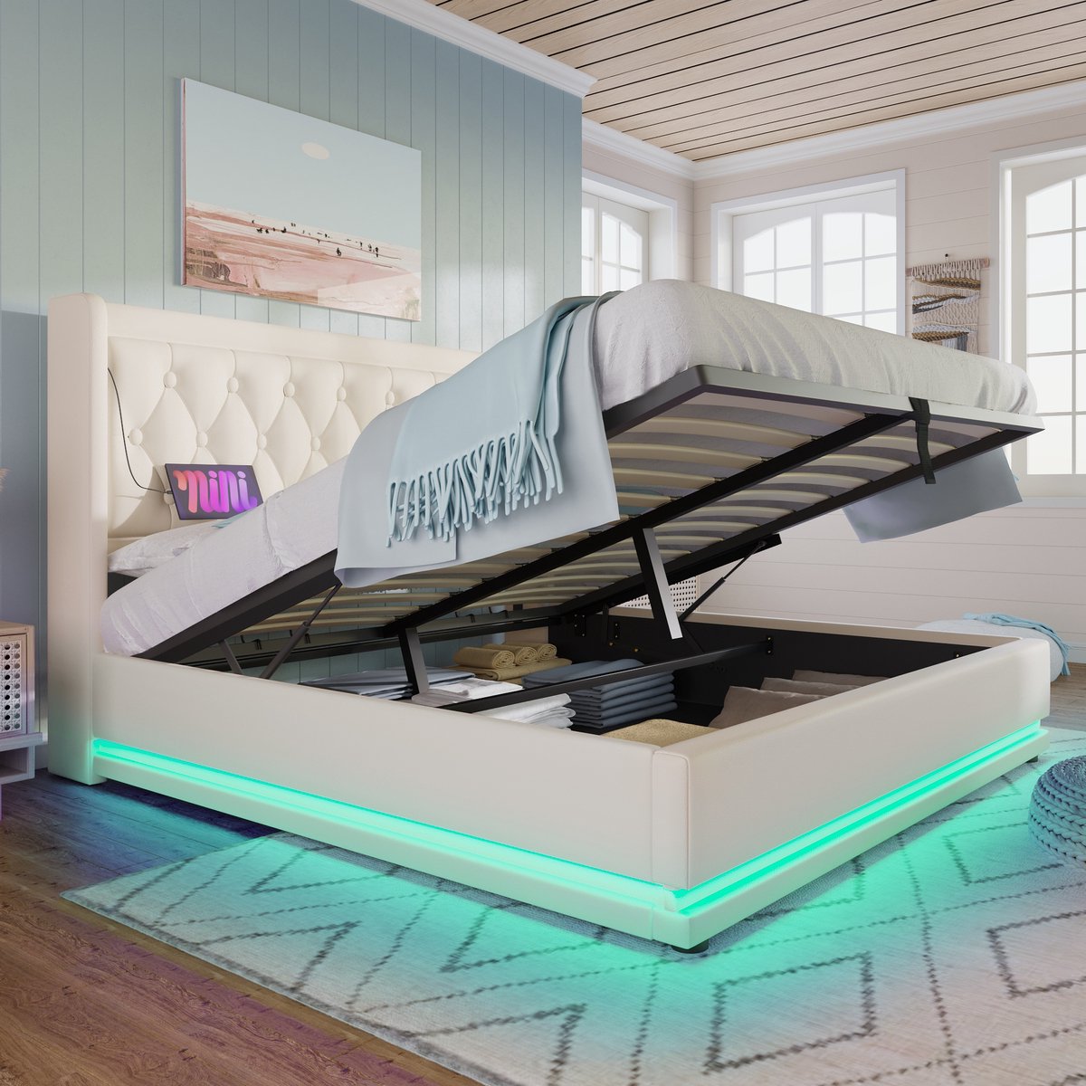 VVBV Gestoffeerd Opbergbed 180x200 cm - LED-Verlichting, USB-C Laadstation, Opbergruimte, Glijbaan - PU-Leer Wit Zonder Matras White