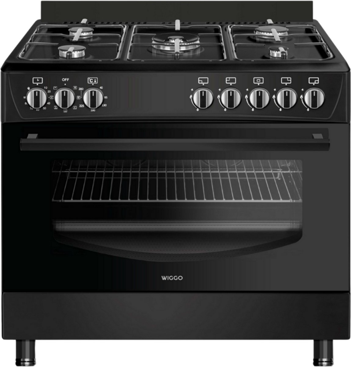 Bol.com Wiggo WO‑E905R(BB) – Vrijstaand gasfornuis – 90 cm – 5 kookzones met wokbrander – 110L elektrische oven – Zwart – Elektr... aanbieding