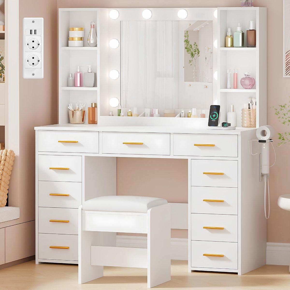 JCP® Kaptafel - 11 Lades - Kaptafel met Spiegel en Verlichting - Kaptafel met Spiegel - Wit - 40cm x 110cm x 140cm