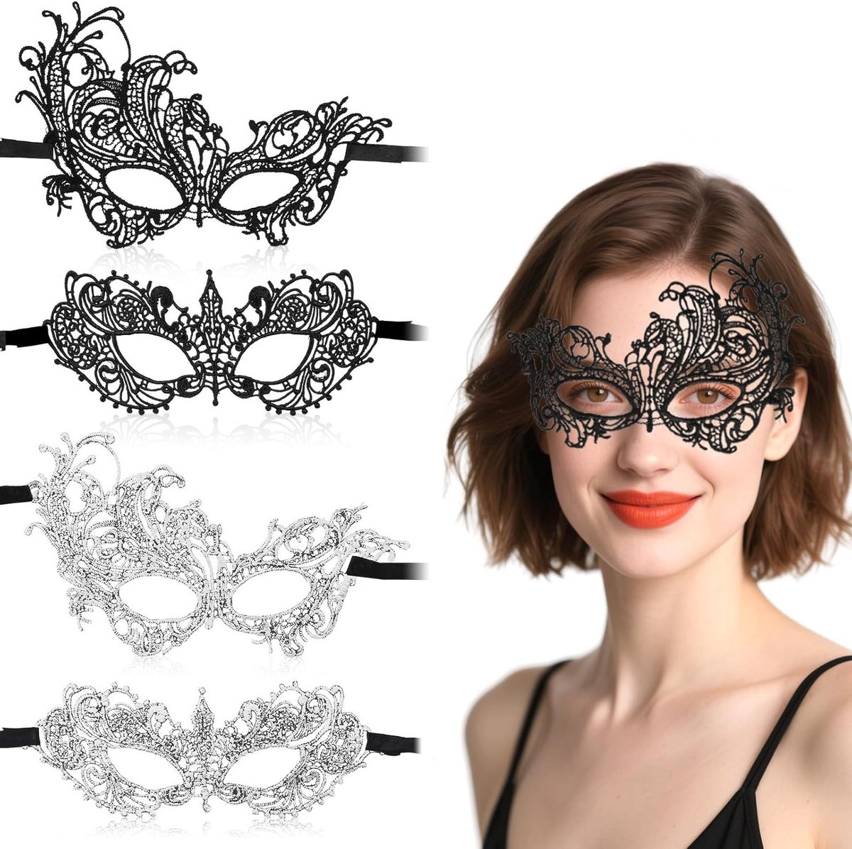 Set van 4 Leren Maskers voor Vrouwen - Venetiaanse Maskers voor Halloween, Carnaval en Feestjes - Elegante Zwart Lace Maskers voor Kostuums