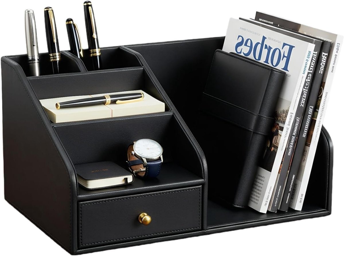 Multifunctionele Bureau Organizer met A4 Stand, PU Leer, Pennenhouder en Tijdschriftenhouder, Zwart, Perfect voor Kantoor en Thuisgebruik