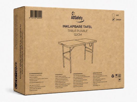 ADSafety Inklapbare Tafel - Campingtafel - Klaptafel - Vouwtafel Buiten - Tuintafel - 3 Hoogtes - 122 x 60 x 74 cm - Zwart van ADSafety — afbeelding 2
