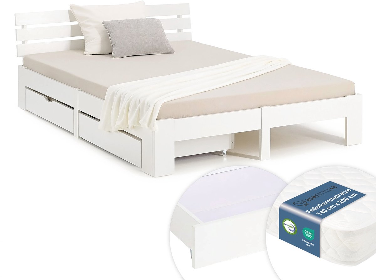 Homestyle4u Tweepersoonsbed - 140x200 cm - met Binnenveringmatras en 2 Bedbakken - Wit