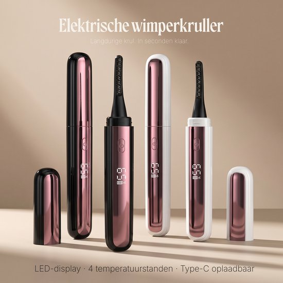 Drie zwart-rose gouden en wit-rose gouden wimperkrullers, twee met dop, twee zonder dop.