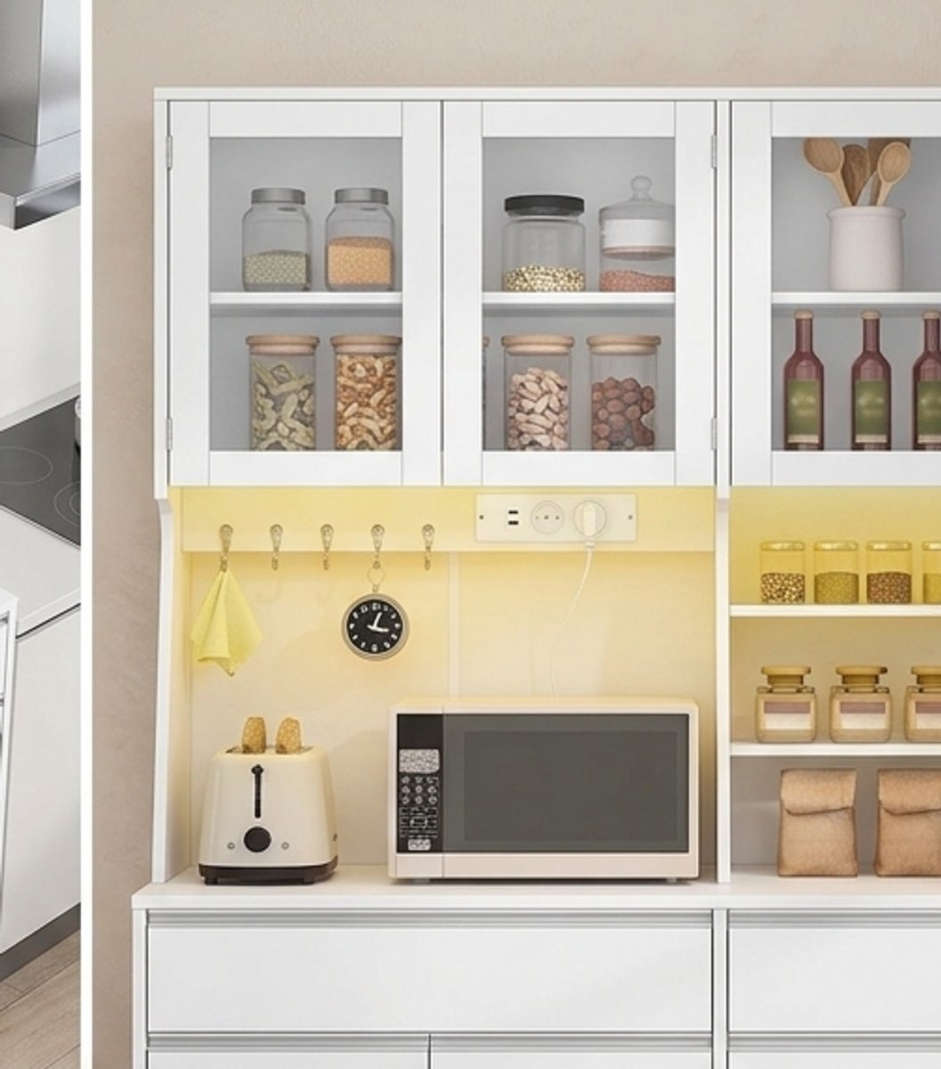 Luxe Keukenkast met Stopcontacten, USB, LED-verlichting, Glazen Vitrinekast, Buffetkast, Koffiebar, Dressoir en Opbergkast 180 x 100 x 40 cm Wit - Novihomestore