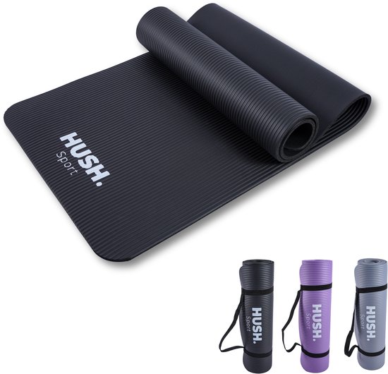 HUSH Sport - Yogamat 180 x 60 cm - 8 mm dik dempend NBR - voor yoga, pilates & fitness - inclusief handige draagband - lichtgewicht en oprolbaar - zwart