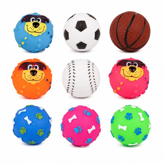 Een raster van negen hondenballen, inclusief voetbal, basketbal, honkbal, en ballen met gezichten en botjes/pootafdrukken.