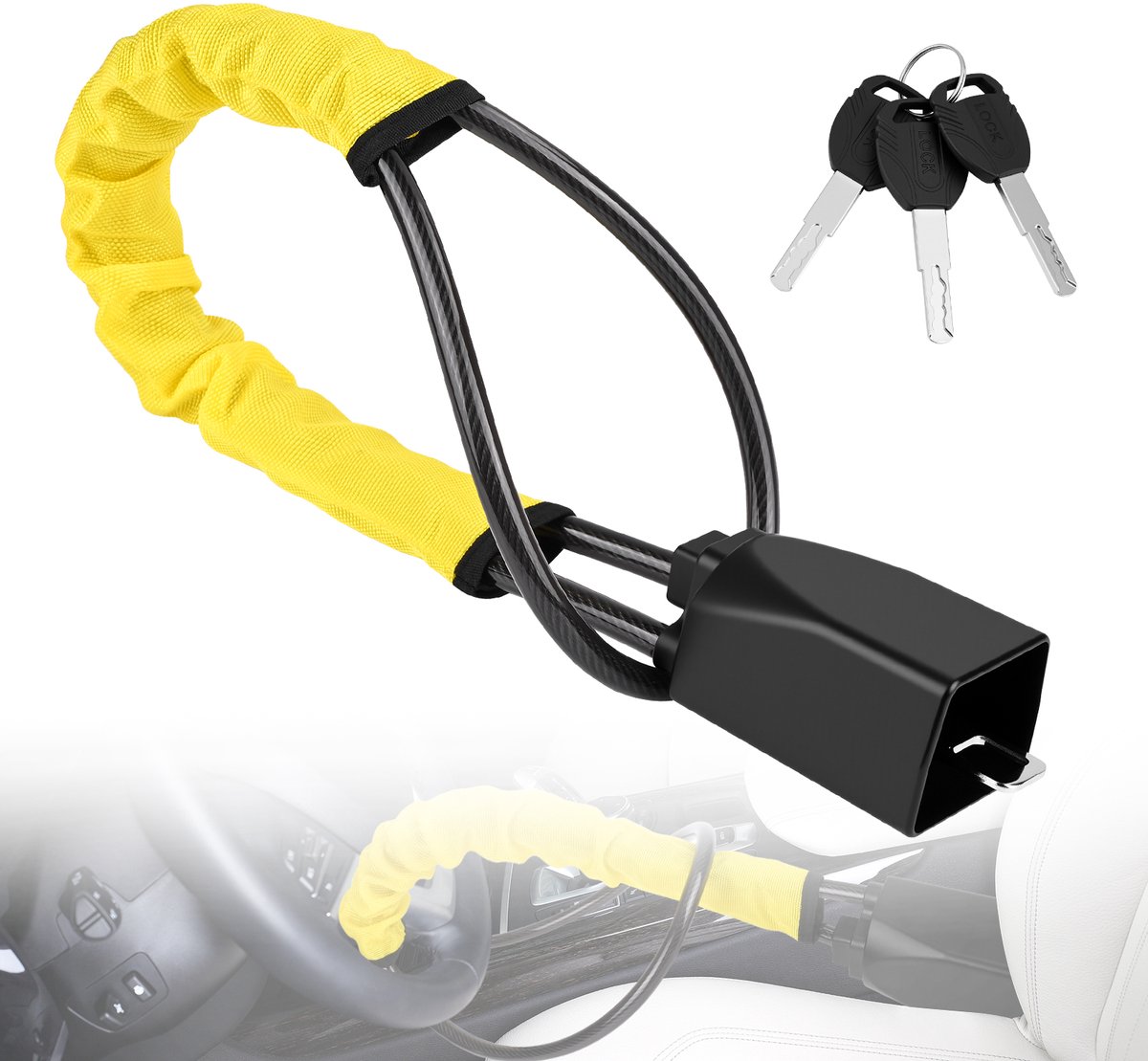 Dreamhigh® Stuurslot voor Auto's - Robuuste startonderbreker voor auto's - Gemaakt van gehard staal - Verstelbare stuurklem voor campers met 3 sleutels - Universele pasvorm en zichtbare antidiefstalbeveiliging voor voertuigen