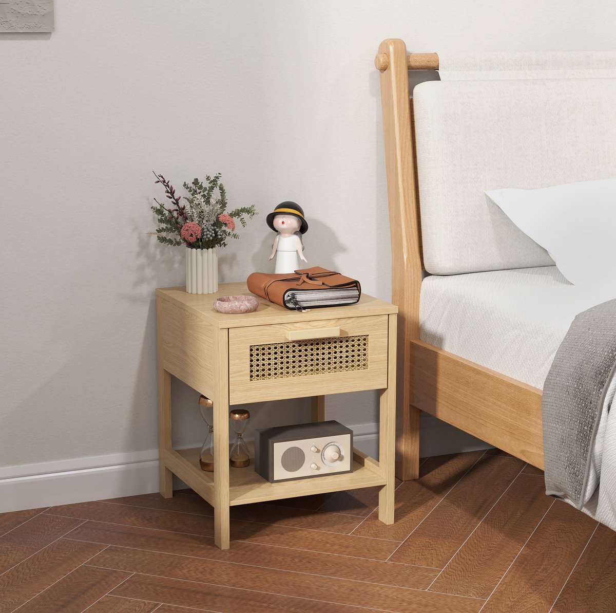 HAUSS SPOLE Nachtkastje - Compact Met Lade En Open Opbergvak - Voor Slaapkamer Of Woonkamer - Hout In Natuurlijke Houtkleur - 40x40x48,4 Cm Naturel hout