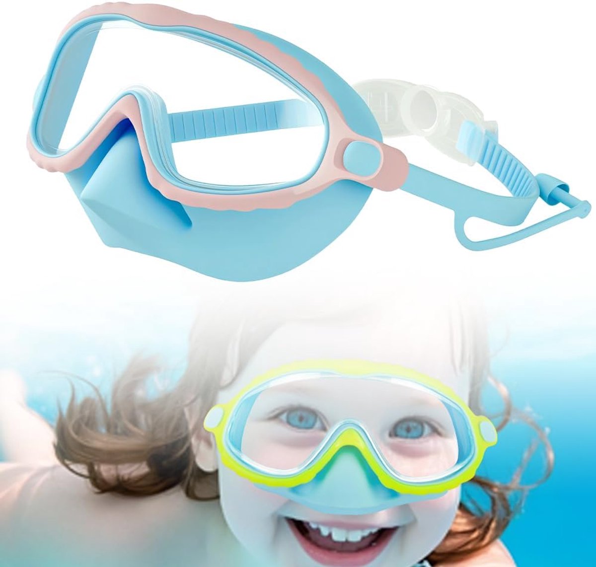 Kinderzwembril - Duikmasker/Snorkelmasker - Veilig waterplezier - Anti-condens neuspads - 15,5 x 8 cm - Roze en blauw