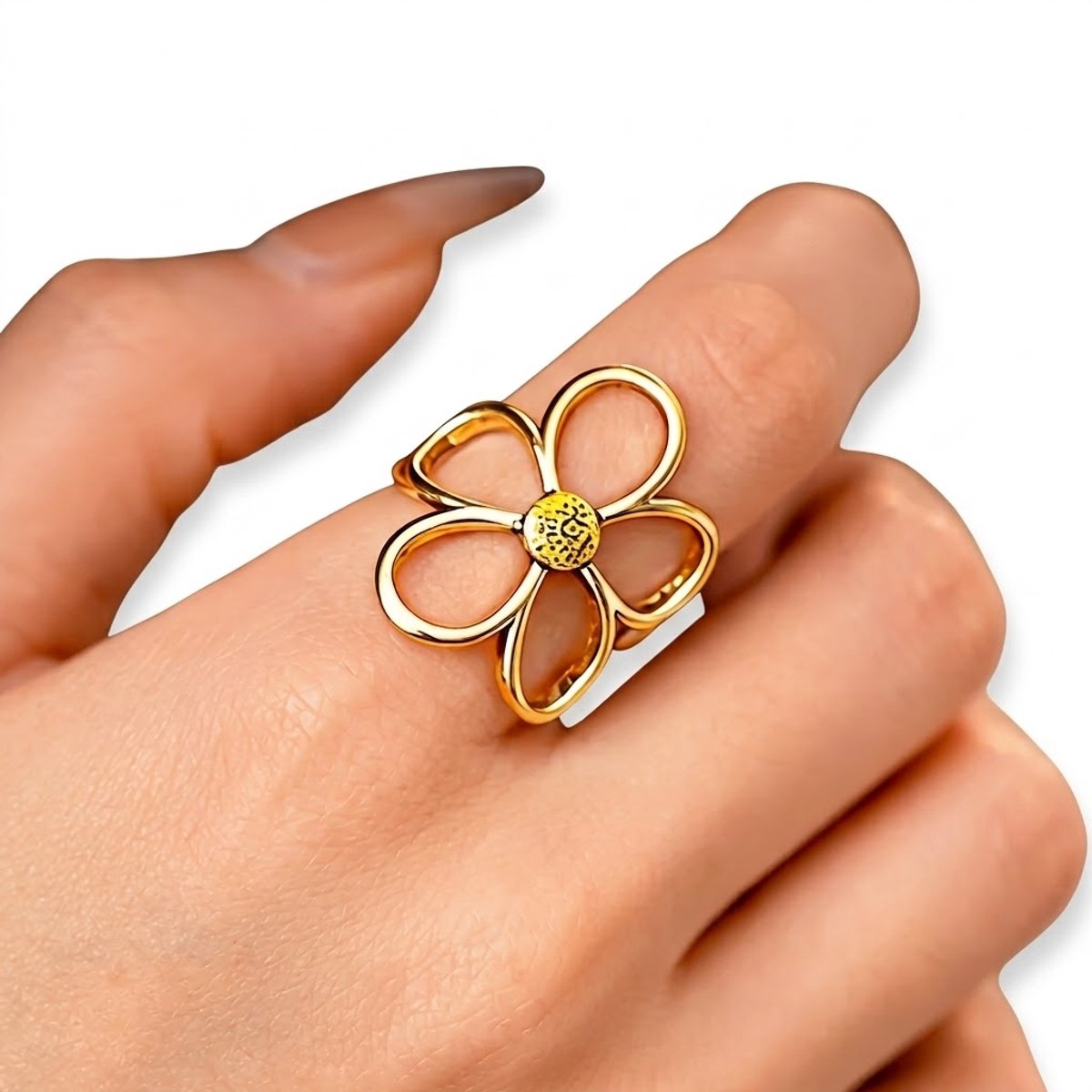 Goudkleurige statement ring dames bloem ring open design verstelbare vingerring grote bloemvorm minimalistische bloemen ring abstracte bloem sieraden accessoire