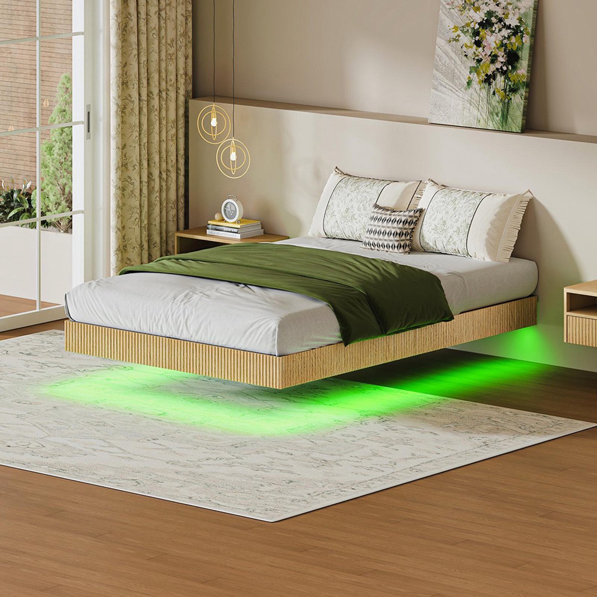 KOMHTOM - Modern bed - Zwevend ontwerp met groefbekleding - Sfeervolle LED-verlichting en versterkt plat ijzeren frame - 140 x 200 cm - Licht eiken