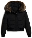 Zwarte Superdry bomberjack met dikke bontkraag en rits- en knoopsluiting.