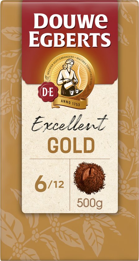 Douwe Egberts Excellent Gold verpakking met logo, "Excellent GOLD", intensiteit 6/12 en 500g.