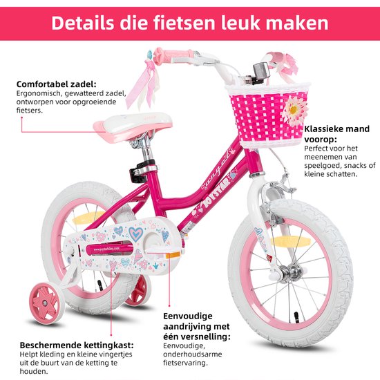 Roze meisjesfiets met witte banden en mandje, met tekst over comfortabel zadel, mandje en kettingkast.