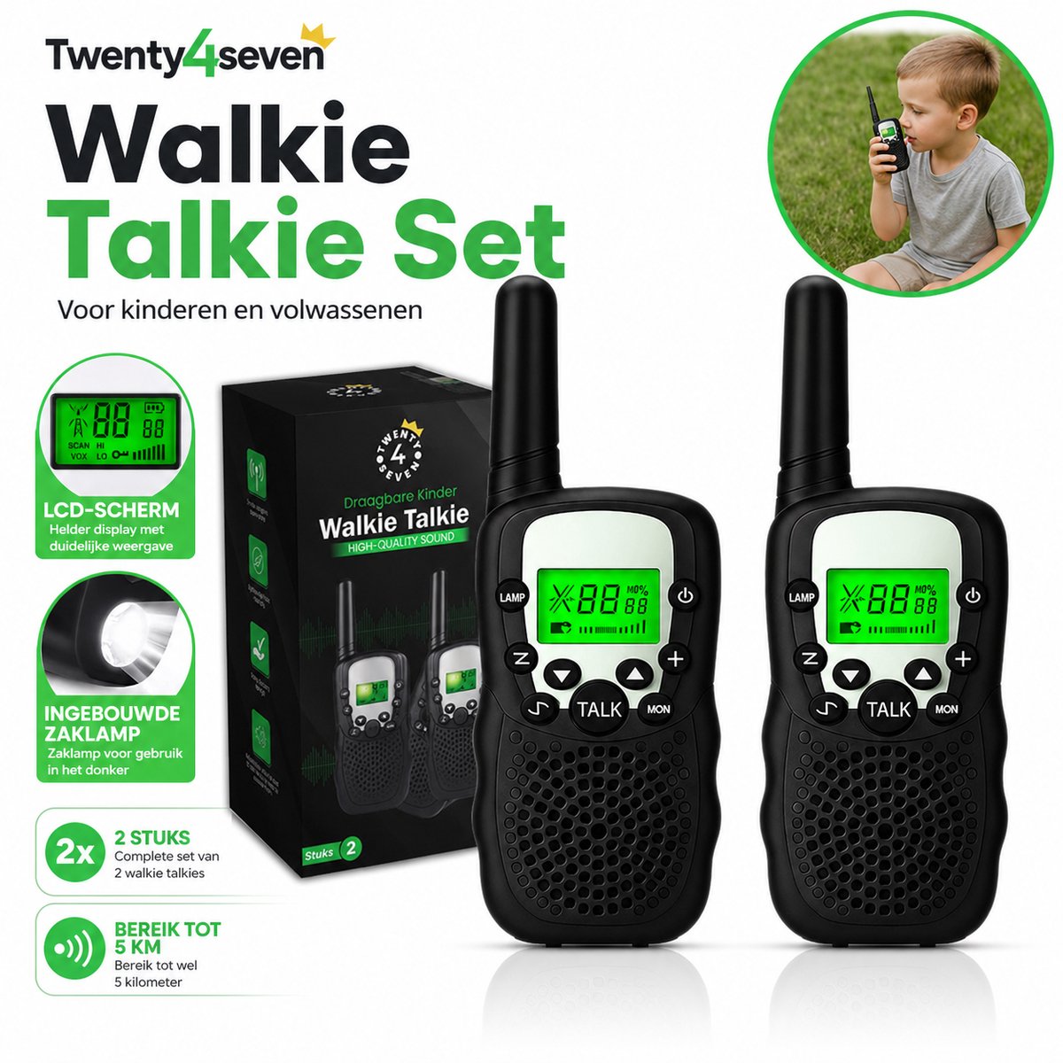 Twenty4seven® Walkie Talkie Kinderen 2 Stuks - Portofoon voor Volwassenen met 5km Bereik - Buiten Spelen, Camping & Bos - Kerst & Sinterklaas Cadeau — cadeau in Gadgets - foto 6
