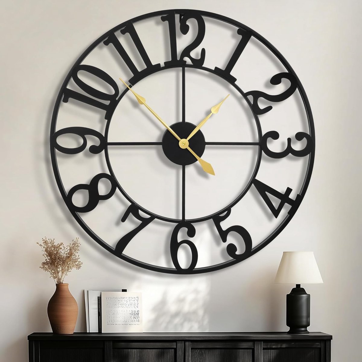 Grote Wandklok - Zwart Metaal - Geruisloos - Vintage Stijl - Voor Woonkamer, Slaapkamer, Keuken