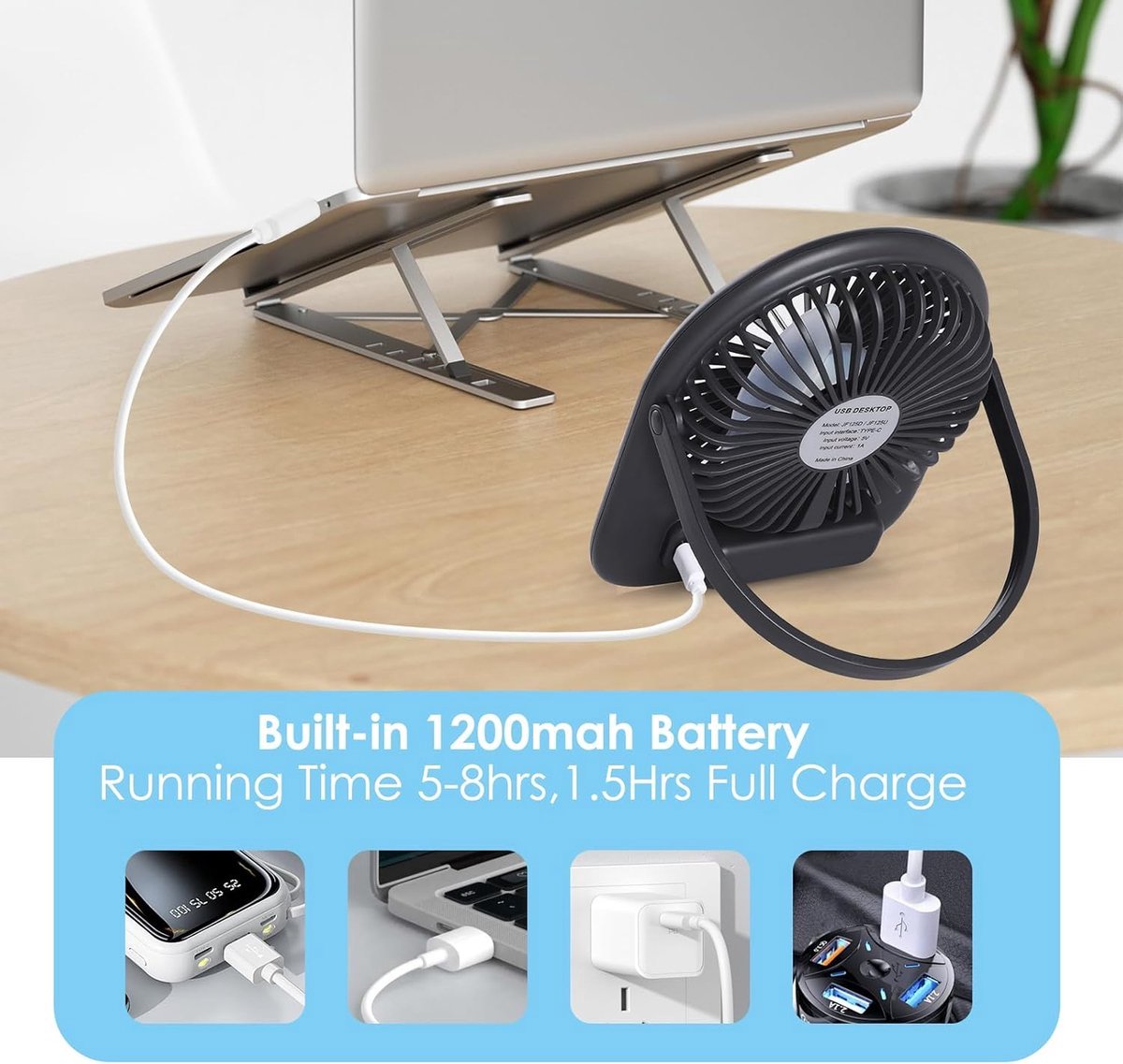 Solvix tafel ventilator geluidloos - Draagbare Tafelventilator - Donkergroen - Oplaadbare 1200mAh Batterij - 5 Snelheden - Voor Kantoor, Thuis en Kamperen