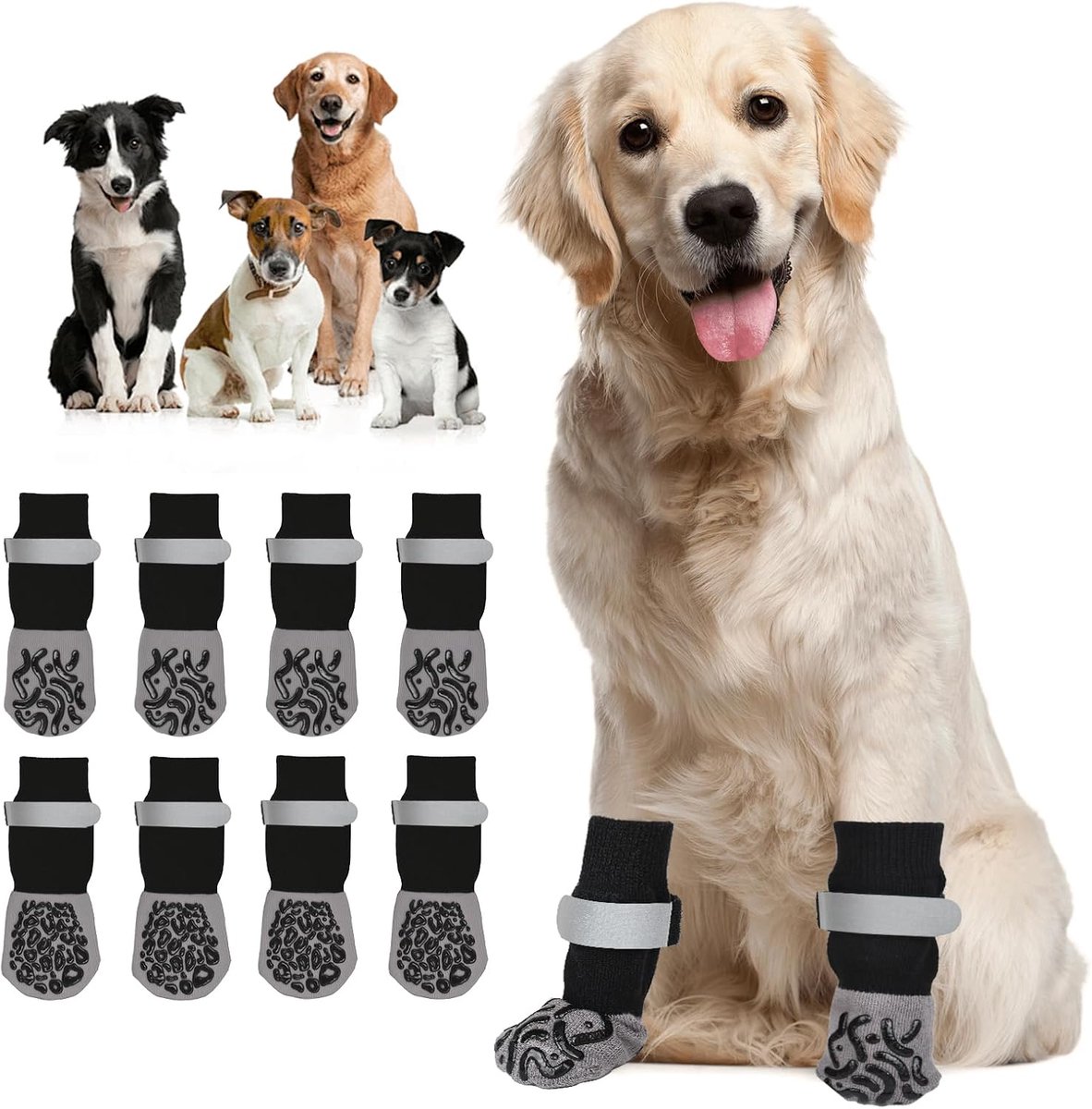 Hondensokken - 4 paar - Antislip Hondensokken met Klittenband - Huisdierpootbeschermer - Hondenschoenen - Zonbescherming - Voor tegen Uitglijden Likkende Poten - Zwart