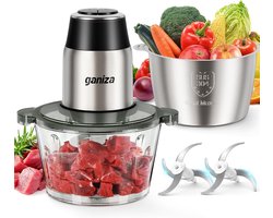 Elektrische Hakmolen met 2 Kommen – 2x 1,8L RVS en Glas – 2 Snelheden – Foodprocessor voor Vlees, Groenten en Noten