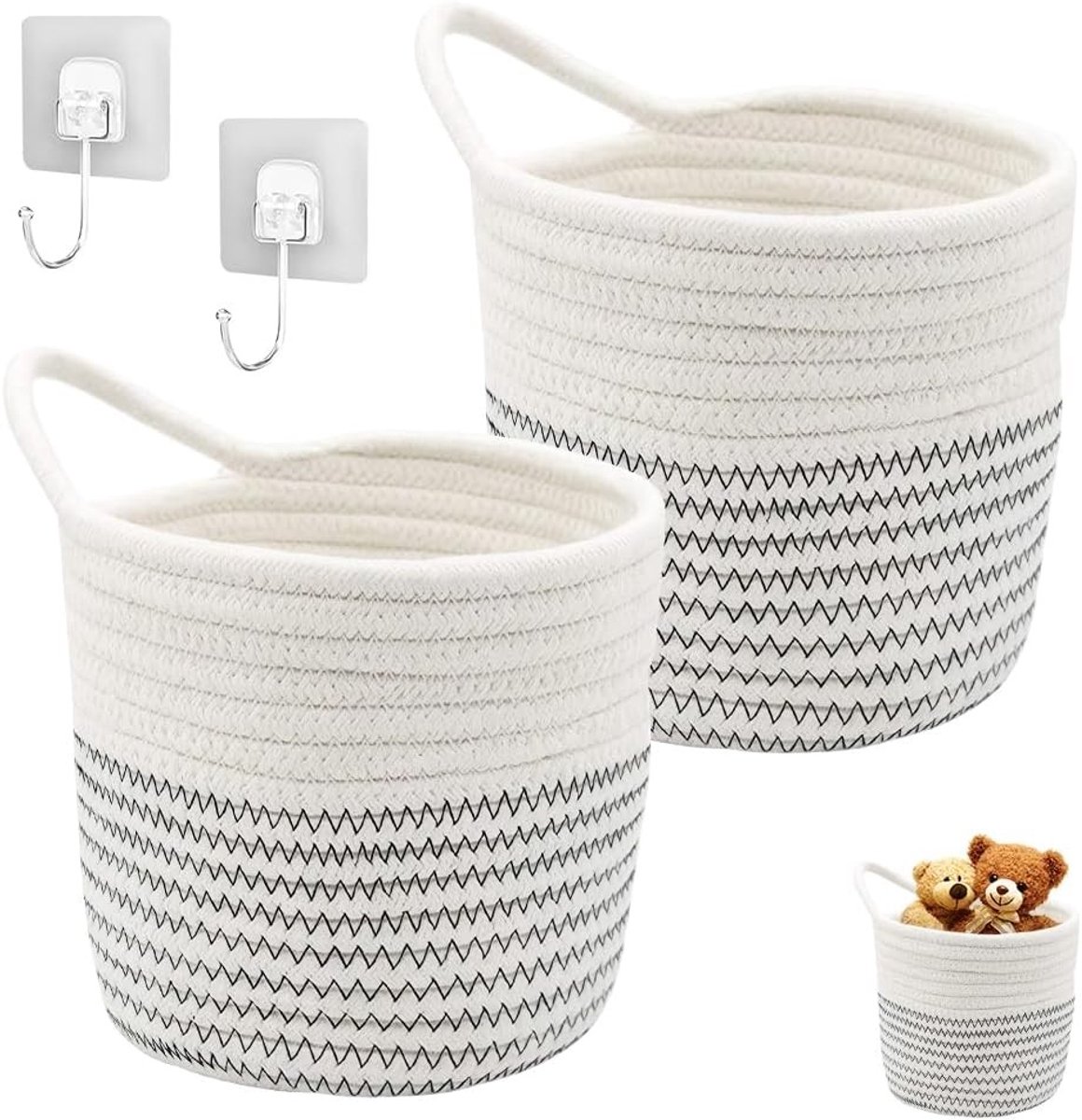 Hanging Basket Set van 2 Stuks, Wandmanden van Katoen voor Babyspullen, Opbergmanden met Handvat voor Badkamer en Kinderkamer (Wit + Zwart)