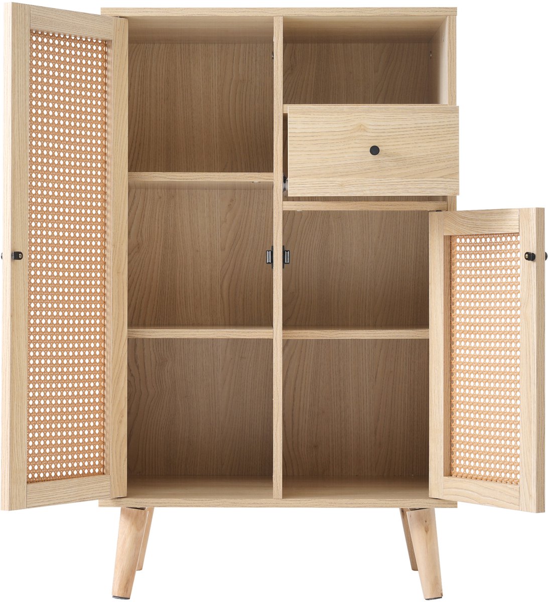 Zijkastje - Dressoir met Houtlook – 2 Rotan Deuren – 1 lade – Hoekmeubel - Ladekast – Vrijstaand Opbergmeubel/Dressoir met veel Opbergruimte – 60 x 40 x 101 cm