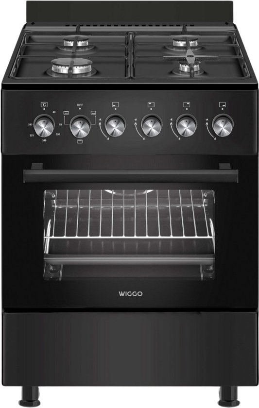 Wiggo WO‑E603A(BB) – Vrijstaand gasfornuis – 60 cm – 4 kookzones – 56L elektrische oven – Zwart – Elektrische vonkontsteking & vlambeveiliging – Energieklasse A – 5 jaar garantie