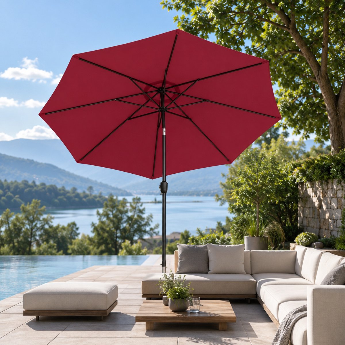 Parasol - Stokparasol - Balkonparasol - Kantelbaar - Waterdicht - UV Bescherming - Strand / Tuin - Ronde - Ø 295cm - Rood