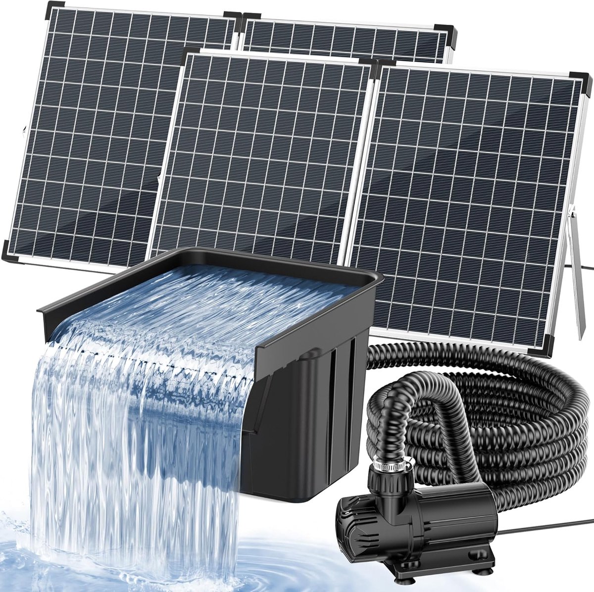 POPOSOAP Waterval voor tuinvijver op zonne-energie-met 100 W zonnepaneel-pomp (4500 l/u)-geribbelde slang (3 m) en filtermateriaal-geschikt voor tuinvijvers en beeklopen