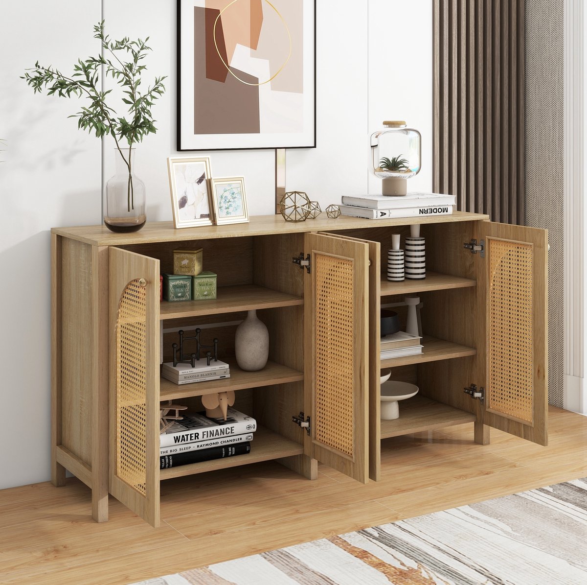 MEUNIQ Sideboard 145 x 40 x 80 cm dressoir met 4 deuren in kunstrotanlook, verstelbare plank, metalen handgrepen, opbergkast voor woonkamer, eetkamer of keuken, naturel
