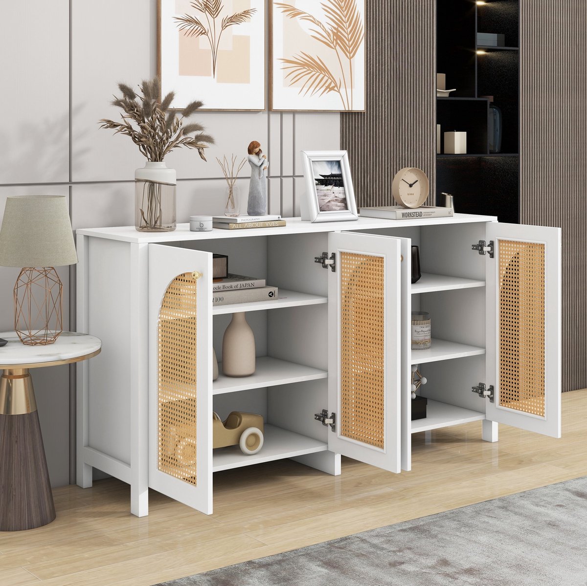 MEUNIQ dressoir 145 x 40 x 80 cm met 4 deuren, rattanlook kast met verstelbare planken en metalen handgrepen, sideboard voor woonkamer, eetkamer of keuken, wit