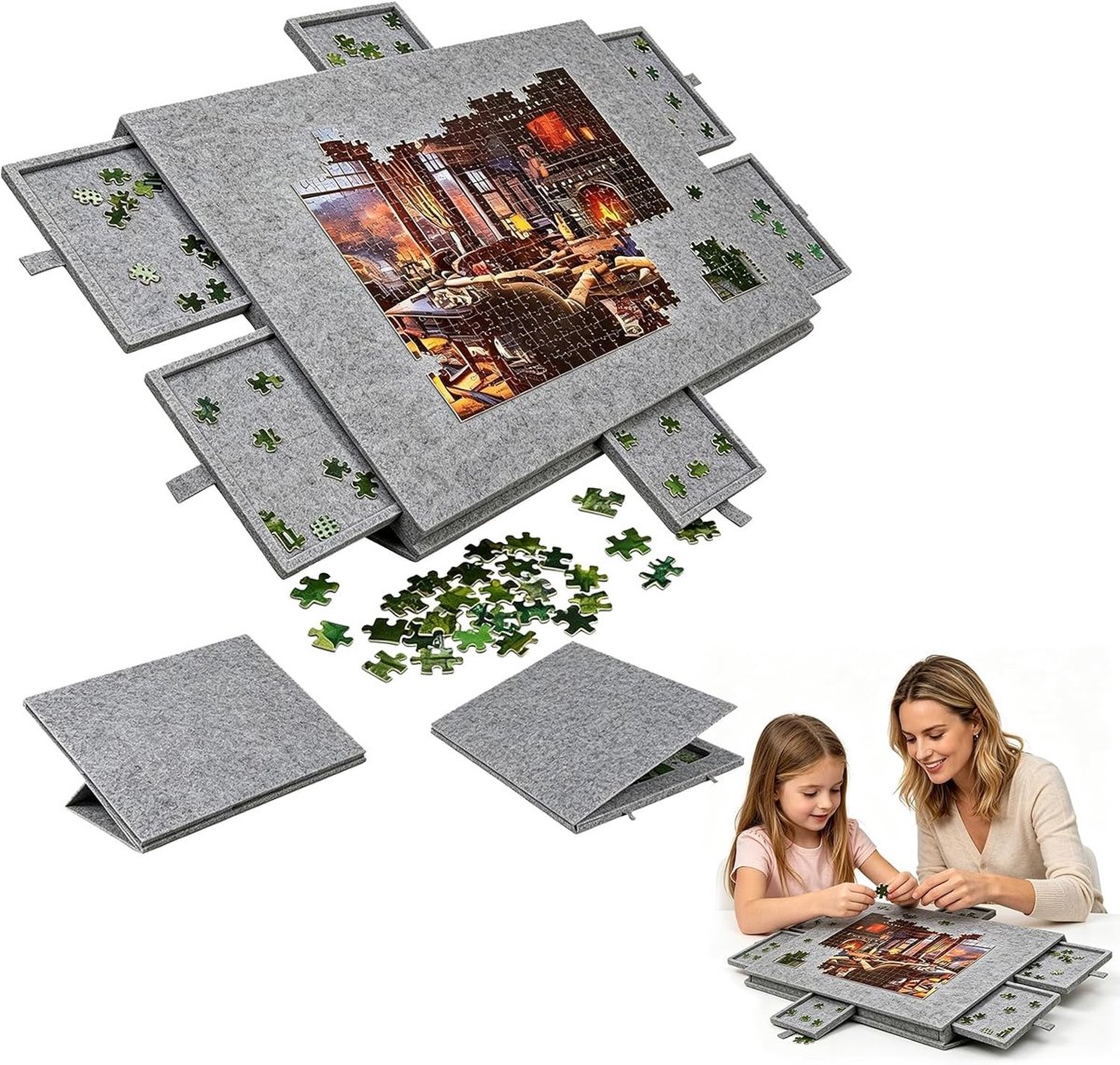 Puzzeltafel - Antraciet - Geschikt voor 1000 Stukjes - Lichtgewicht Vilt met 2-in-1 Standaard en Afdekking - Voor Puzzel Liefhebbers