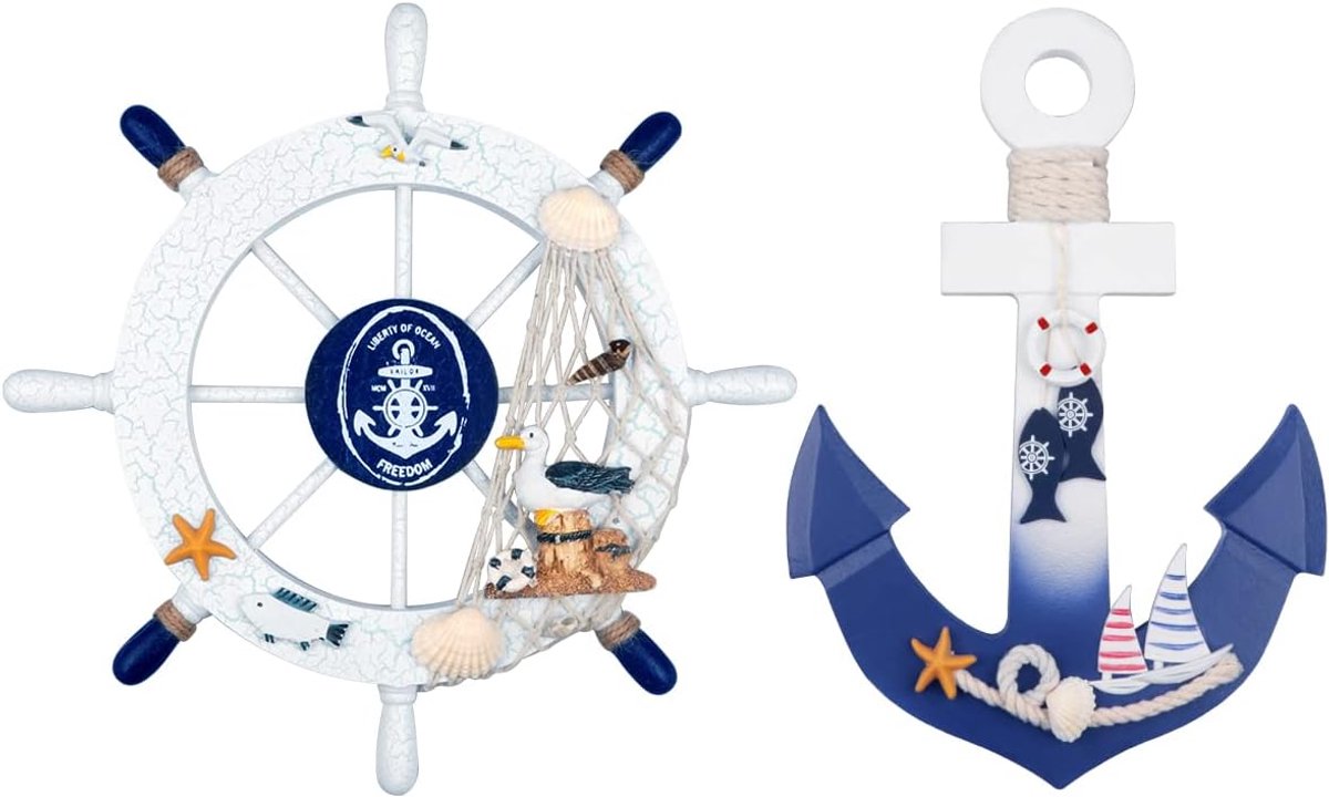 Steering Wheel 28 cm - Houten stuurwiel met touw - Maritieme wanddecoratie - Perfect voor nautische sfeer - ShopVlot