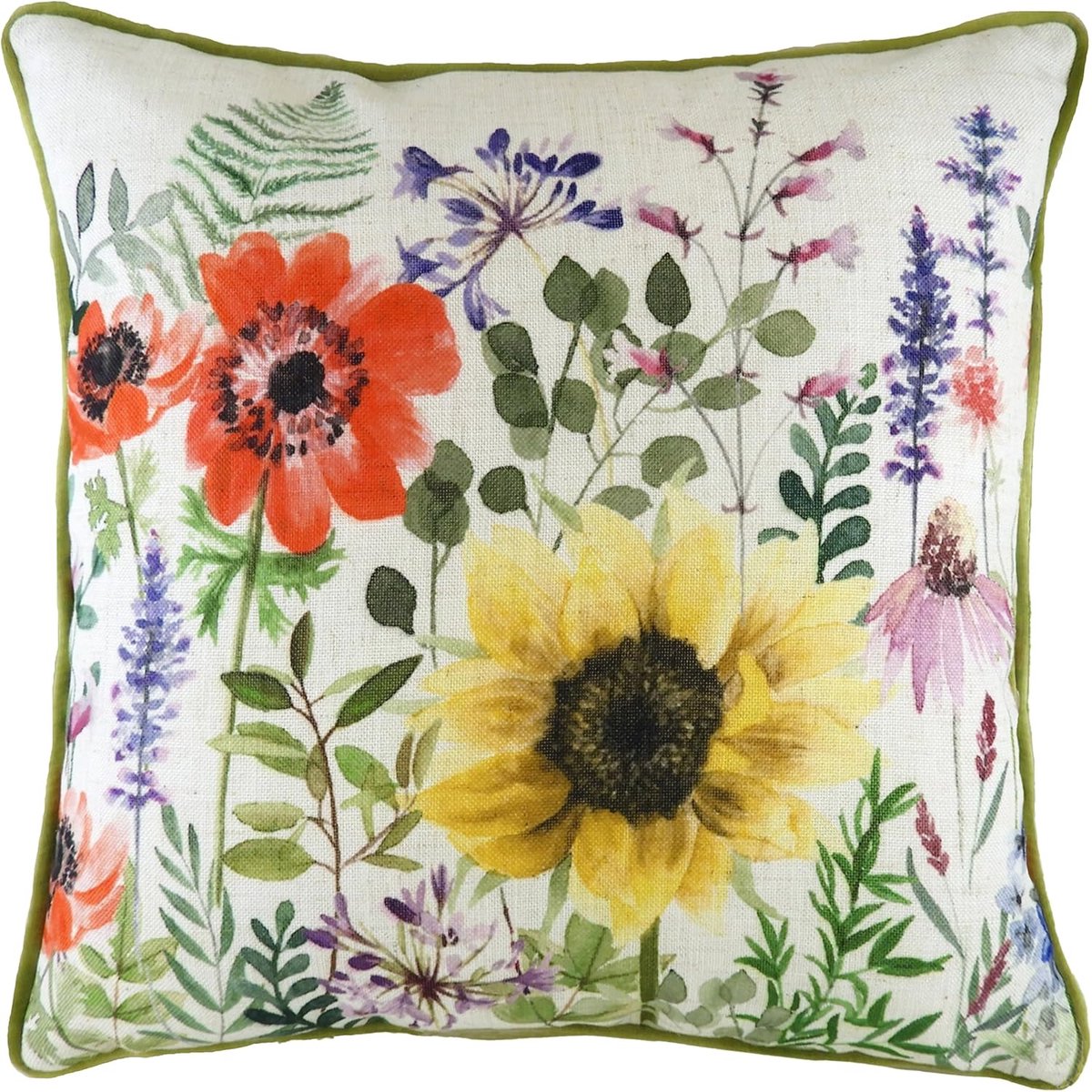 SnelShoppen - Kussen met Wildbloemen Emma - Piped Feather Kussen - Zacht en Duurzaam - 45x45 cm - Geschikt voor Woonkamer, Tuin en Slaapkamer - Natuur