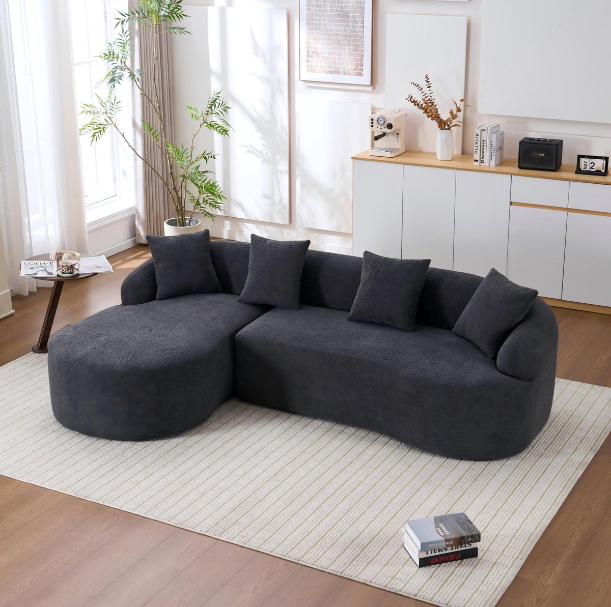 MODENUIT Hoekbank 243 cm - Curved Met Linkse Chaise Longue - Woonkamer En Kantoor - Chenille - Donkergrijs