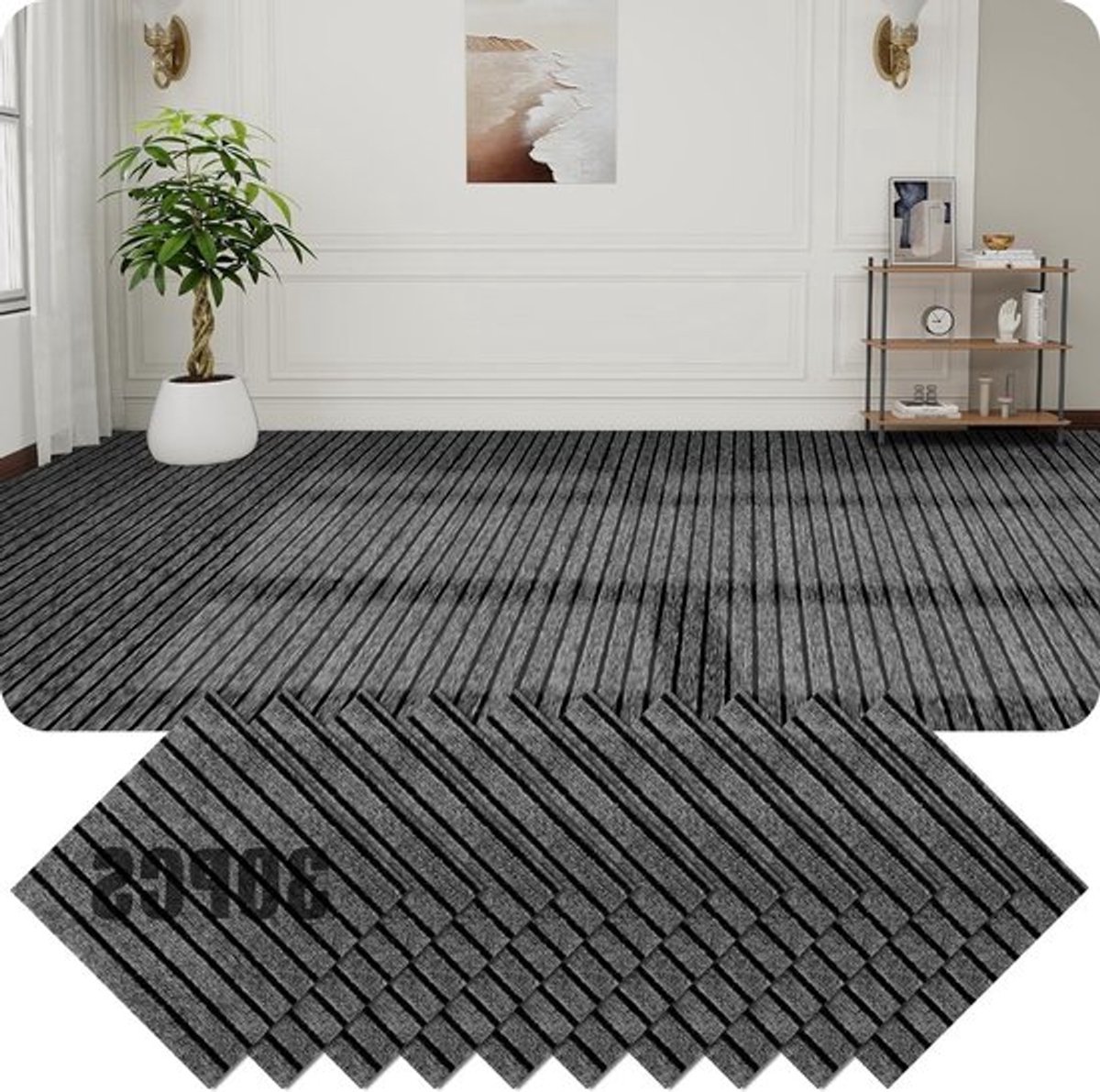 Set van 30 Zelfklevende Tapijttegels 30 x 30 cm voor Kantoor, Woonkamer en Balkon in Grijs en Zwart