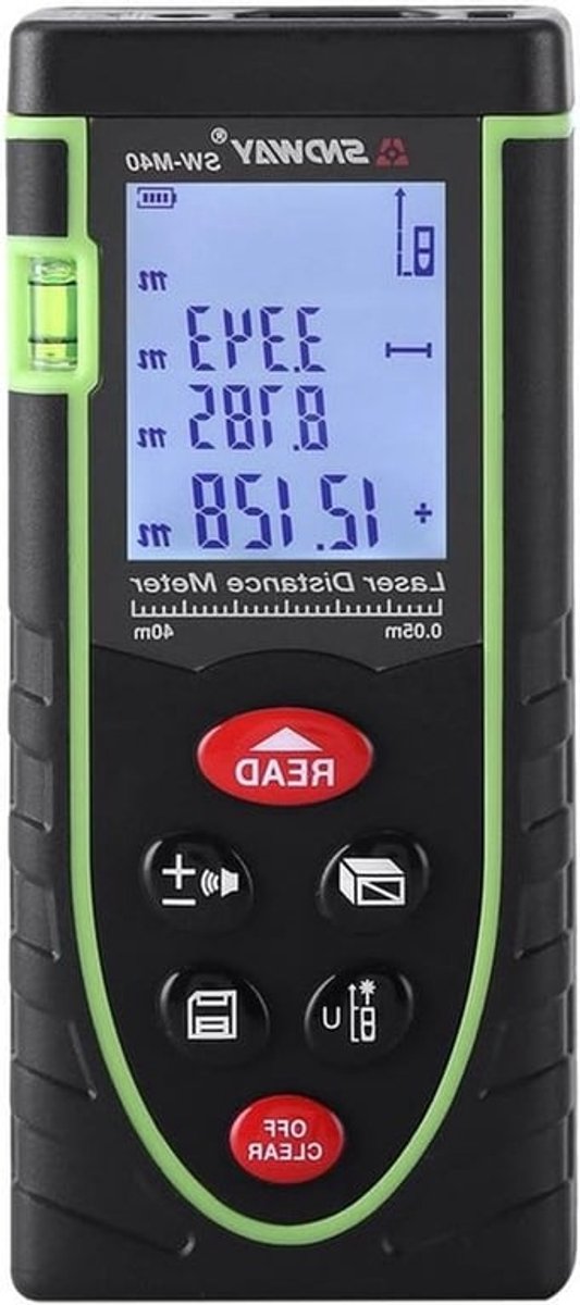 Digitale afstandsmeter met groot LCD-display en waterpas voor binnen- en buitengebruik tot 40 meter