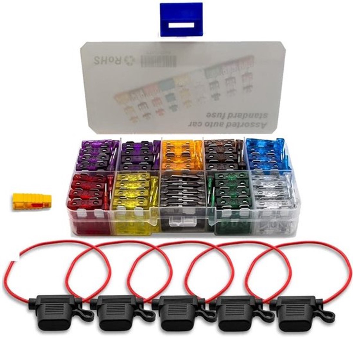 100 Stuks Standaard Bladzekeringen Assortiment 2A tot 35A met 5 Stuks Add-a-Circuit Fuse Tap en Fuse Extractor voor 12/24V Systemen