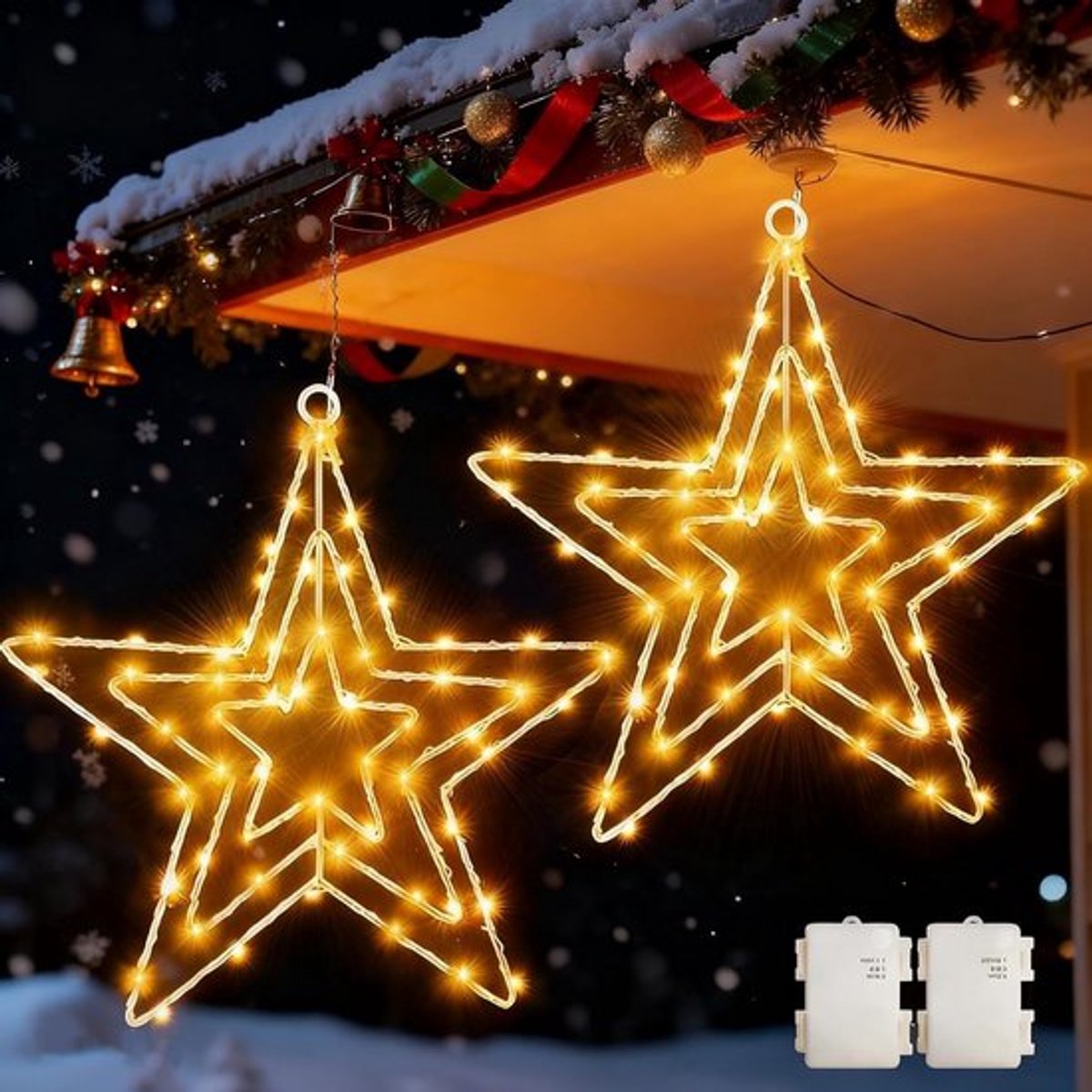 Kerstster Raamverlichting, 2 Stuks 75 Batterij Aangedreven LED Sterren met Timer, Waterdicht voor Binnen en Buiten, Perfect voor Kerstdecoratie en Vensterbanken