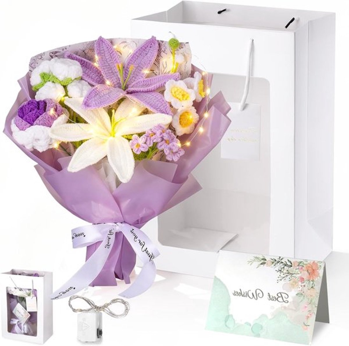 Handgemaakte Haakbloemen Boeket met Verlichting en Groetkaart, Perfecte Cadeaus voor Vrouwen, Kunstbloemen voor Verjaardag, Moederdag en Kerstmis