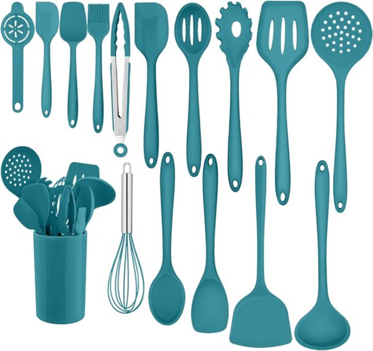 16-delige silicone keukengerei set, hittebestendig en gezond, met houder en vaatwasserbestendig design